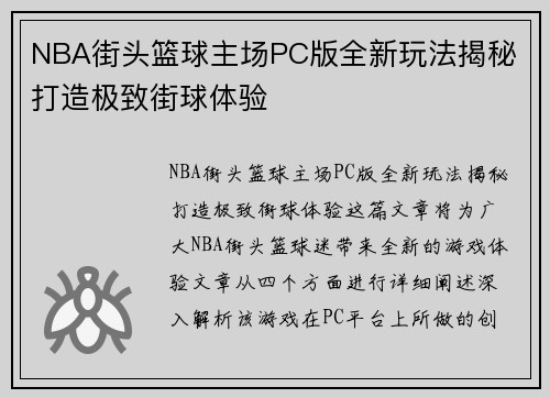 NBA街头篮球主场PC版全新玩法揭秘 打造极致街球体验