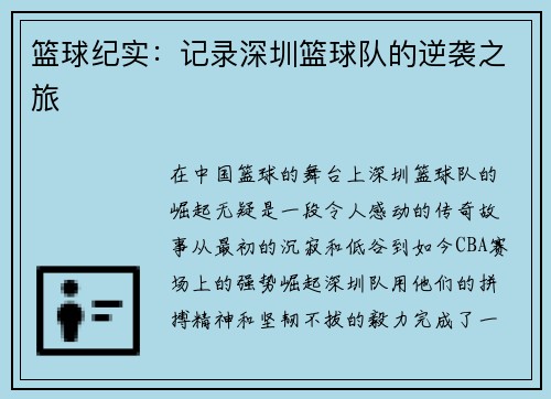 篮球纪实：记录深圳篮球队的逆袭之旅