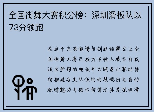 全国街舞大赛积分榜：深圳滑板队以73分领跑