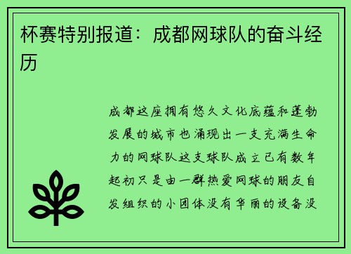 杯赛特别报道：成都网球队的奋斗经历