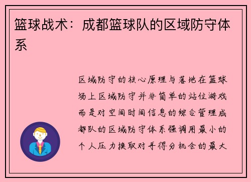 篮球战术：成都篮球队的区域防守体系